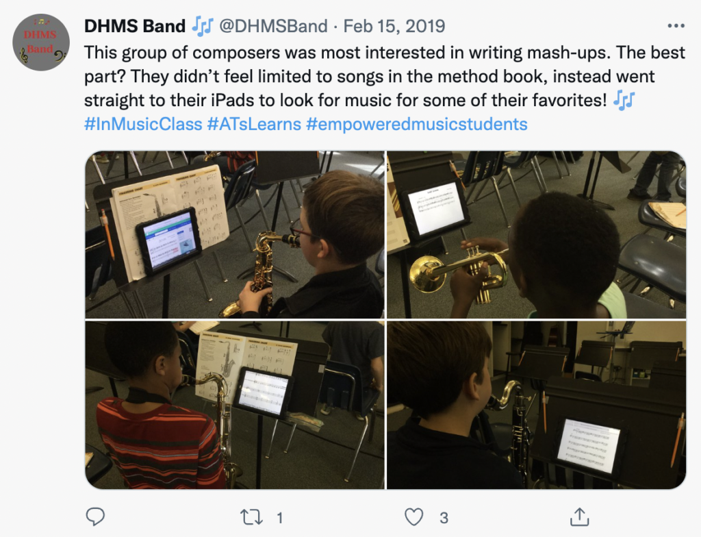 Students use their iPads to find music to use in mash-up projects. 